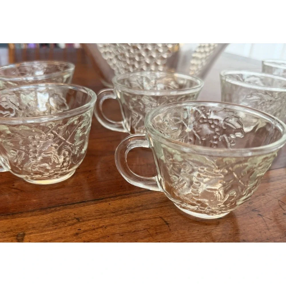 Vintage Anchor Hocking Harvest Grape Punch Bowl Set 9 Pieces Clear Glass Ruffled